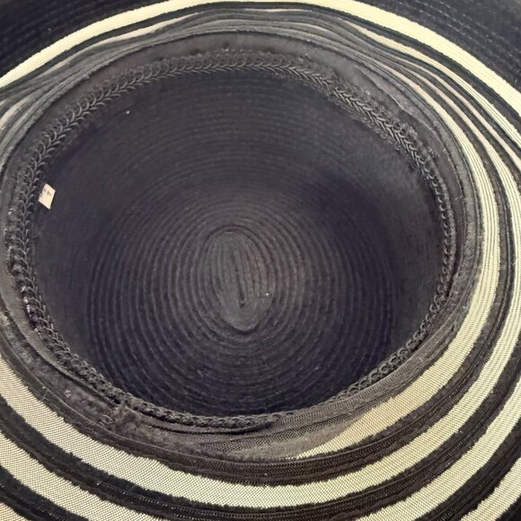 Black Wide Brim Sun Hat Sheer Stripe Beach Elegant Summer Floppy Resort Chic - Picture 11 of 16